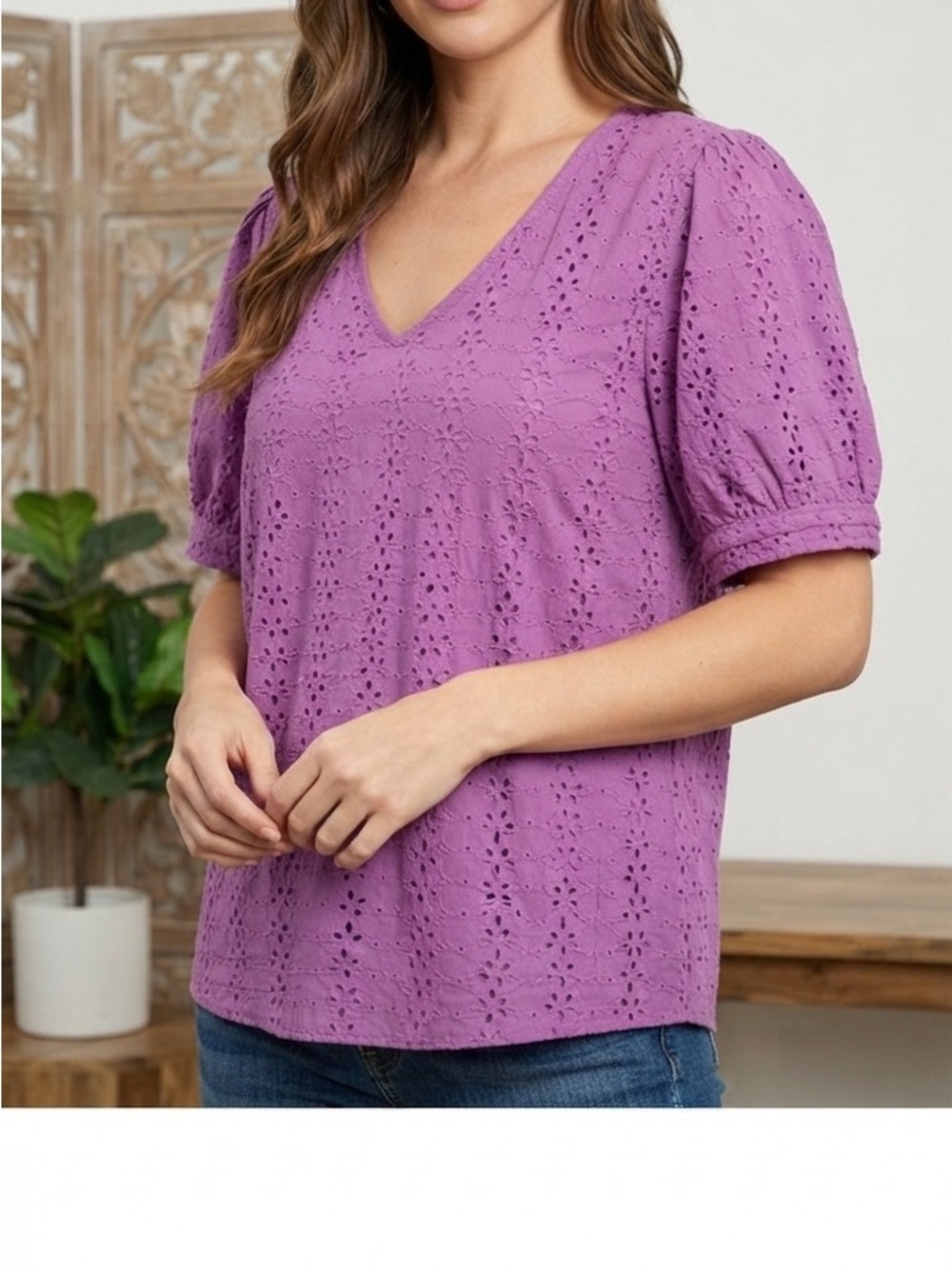 Draper James Lavender Eyelet V-Neck Puff Sleeve Top